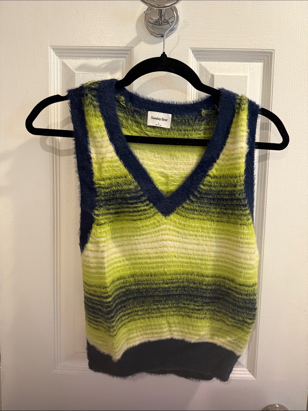 Sunday Best Neon Lime & Navy Fuzzy V-Neck Vest